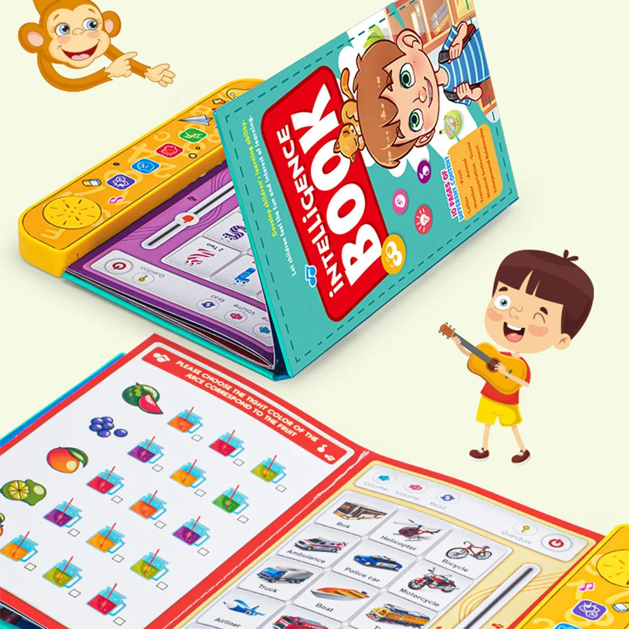 Niño interactuando con libro táctil de aprendizaje de inglés