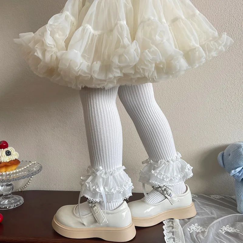 Pantimedias de primavera para niñas con lazo y encaje estilo lolita