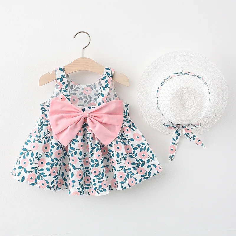 Vestido playero de algodón con lazo y flores para niña
