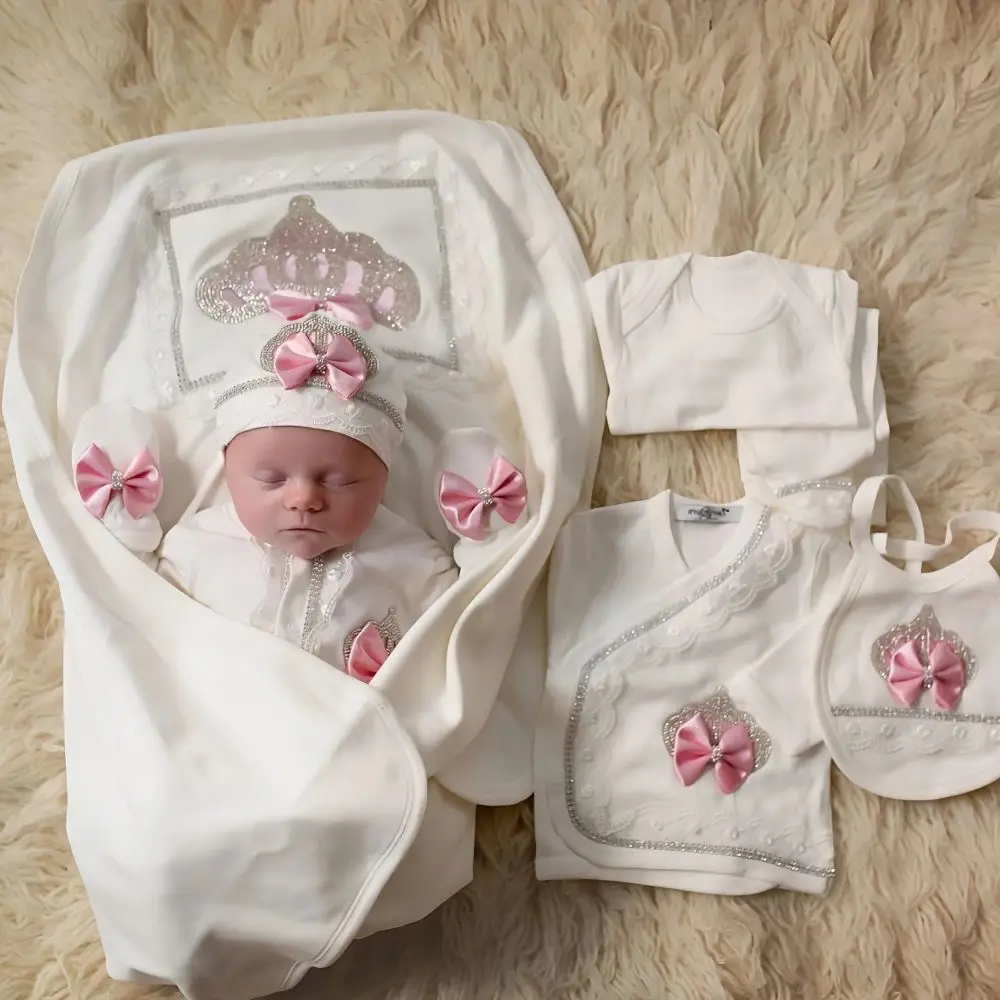 Lilax Conjunto de bebé rosa de algodón con corona y mariposa - imagen 3