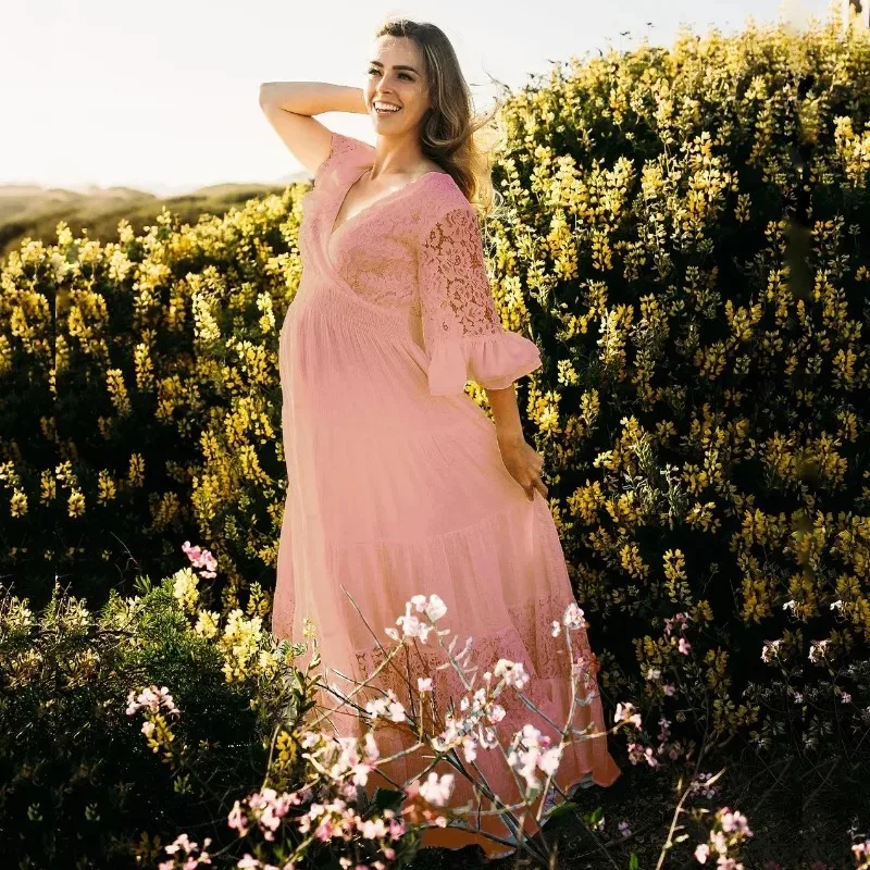 Vestido Maxi Maternidad Encaje Gasa Volantes Manga Corta Embarazo - imagen 2