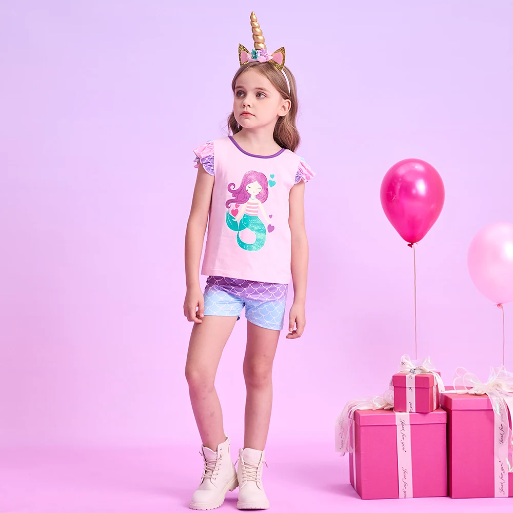DXTON conjunto de verano para niñas con camiseta sirena y bermudas - imagen 2