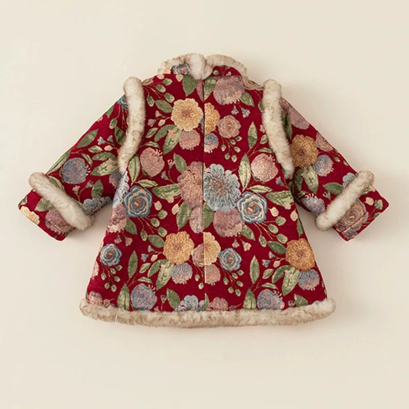 Vestido rojo de invierno para niña – Bordado floral con forro polar - imagen 2
