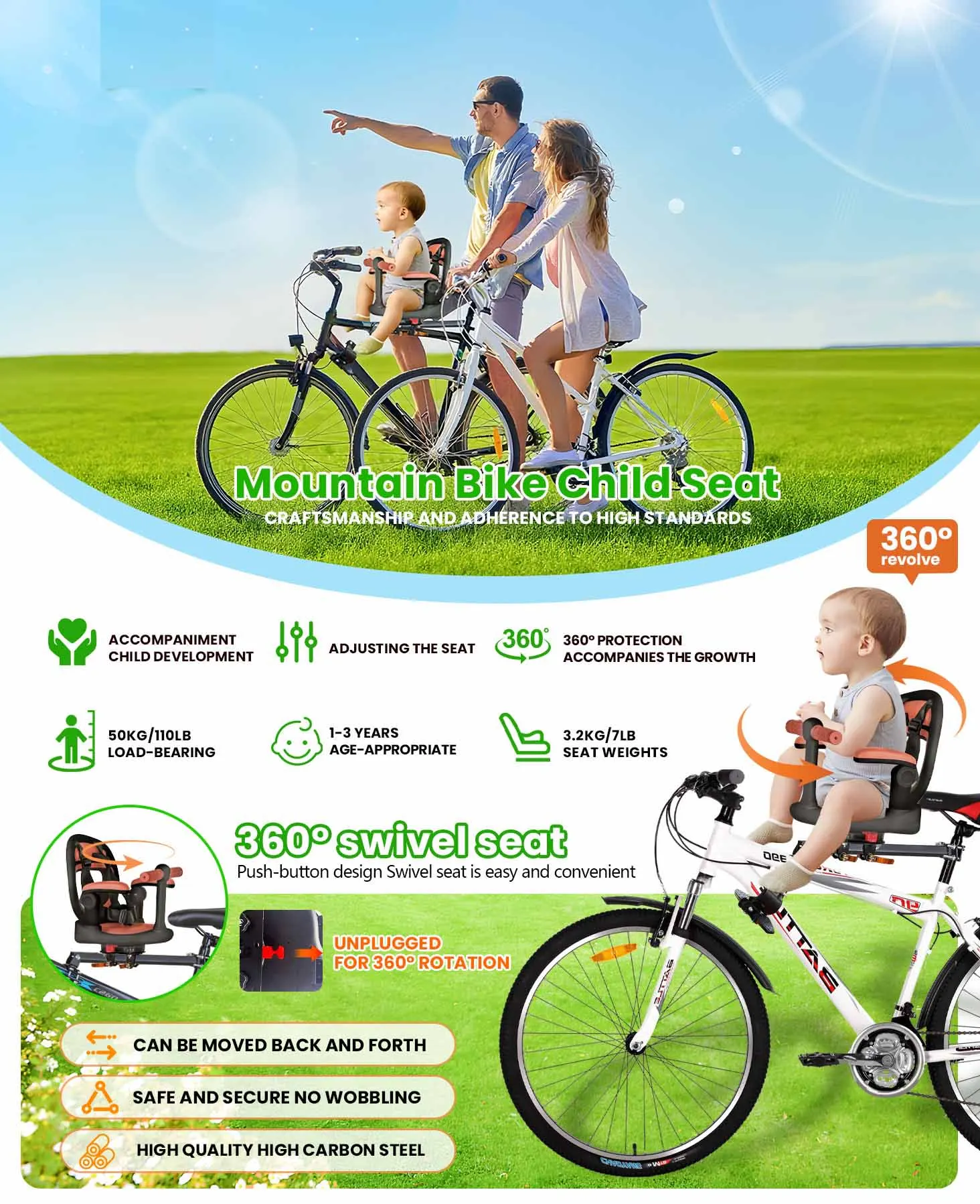 Asiento delantero infantil con visión frontal y giro