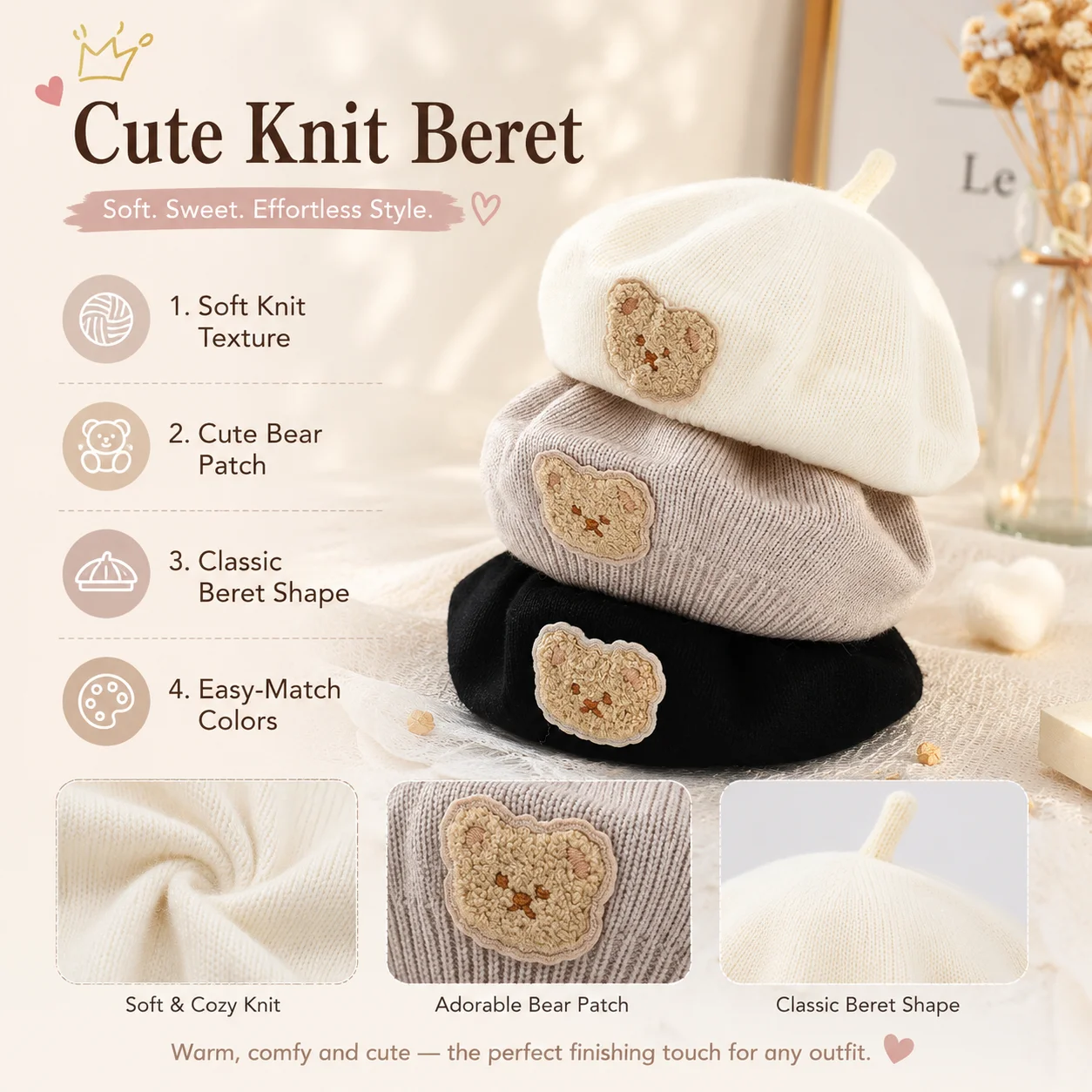 Gorro de punto elástico y transpirable con dibujo de oso