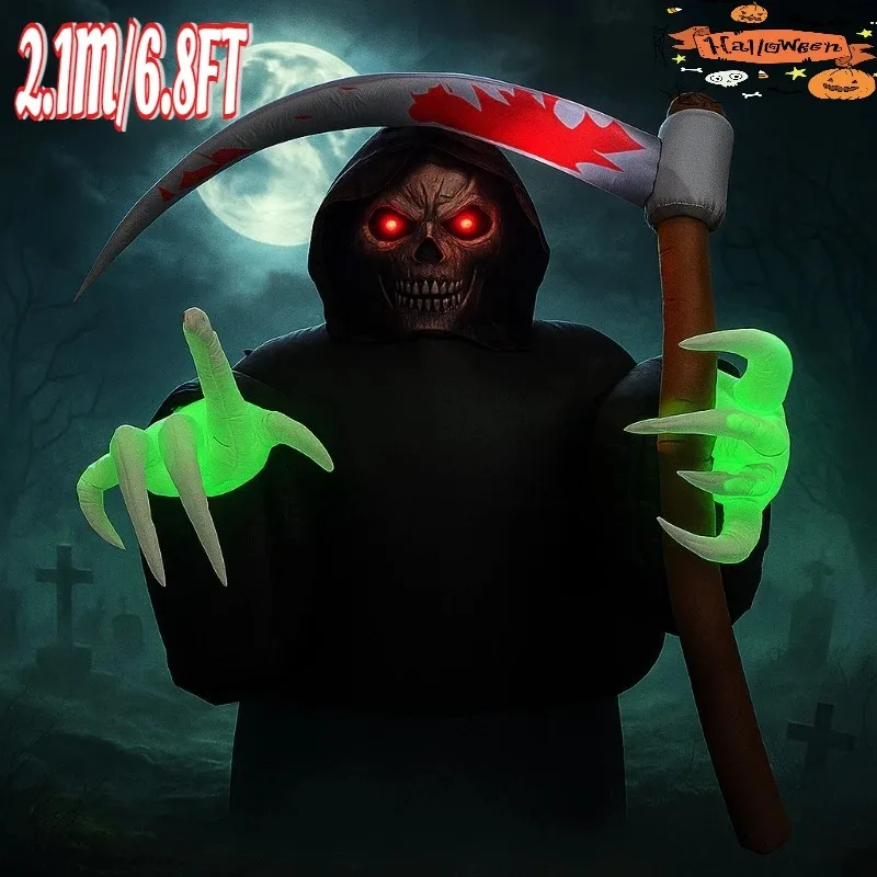 Figura inflable de Halloween con LED, segador macabro para jardín