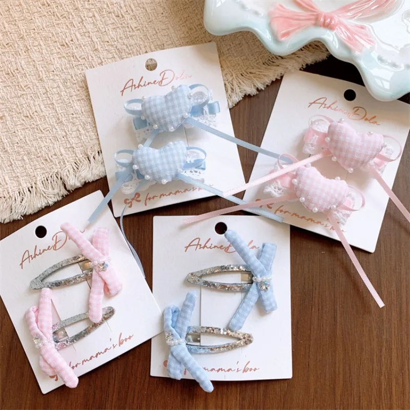 Pinzas para el pelo niña lazo a cuadros, corazón y lentejuelas - imagen 5