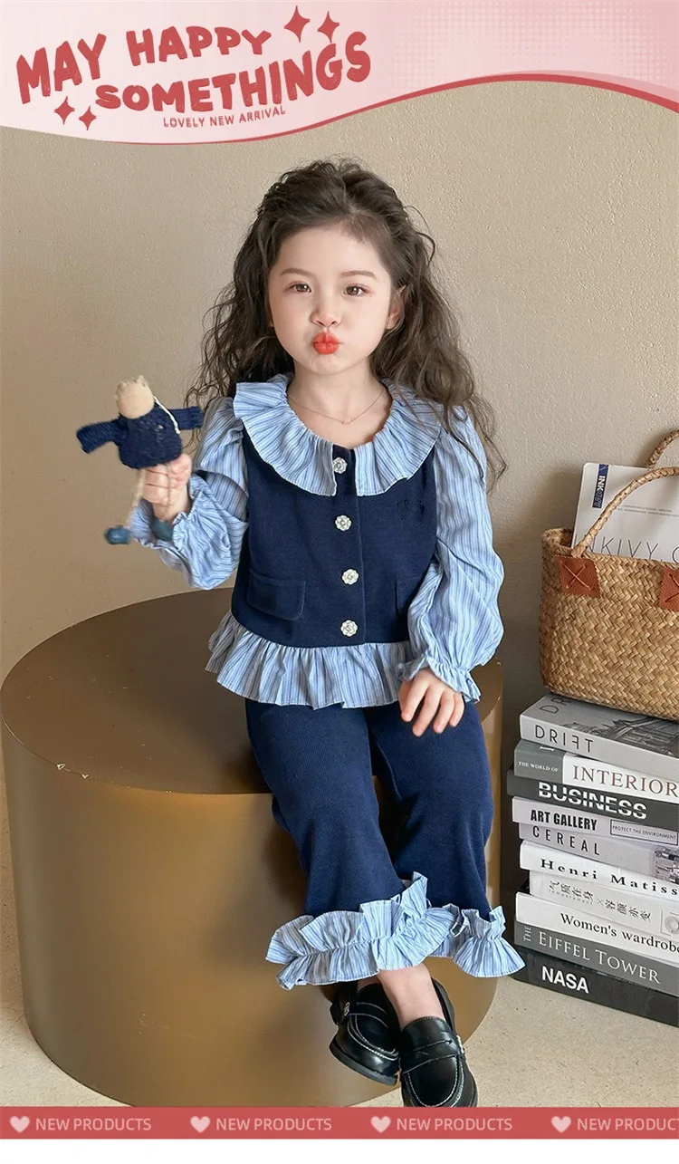 Conjunto de otoño para niña: camisa de retales de manga larga y pantalones acampanados