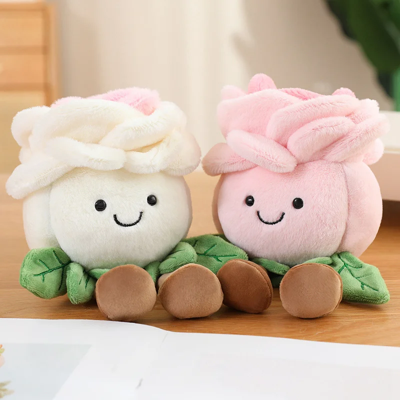 Muñeco de peluche flor rosa con patas en maceta vista frontal