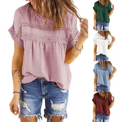 Blusa verano de gasa con encaje y cuello redondo