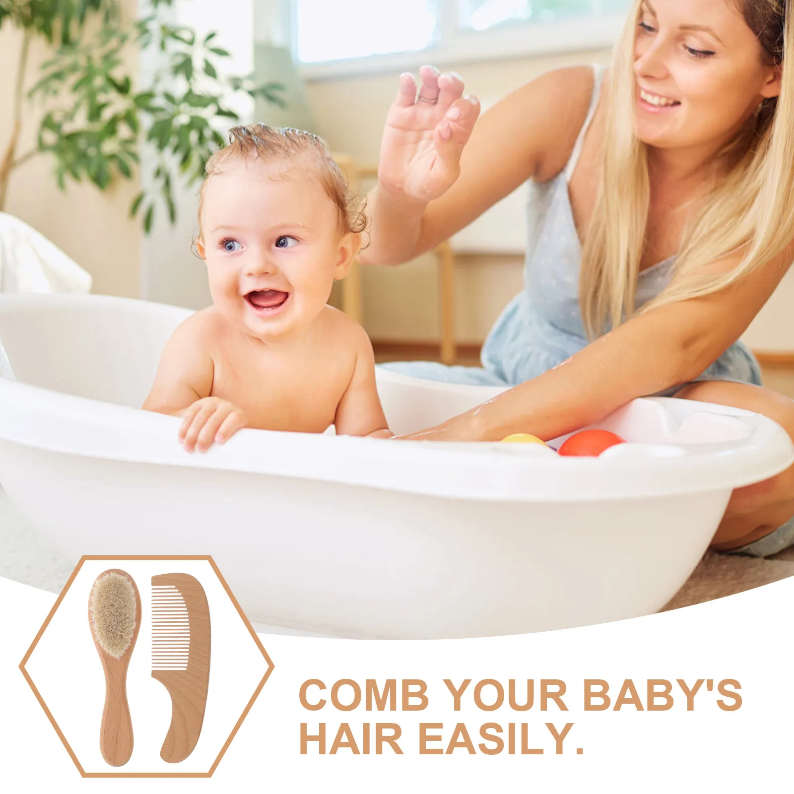 Set cepillo y peine de madera para bebé – cerdas suaves para baño - imagen 4