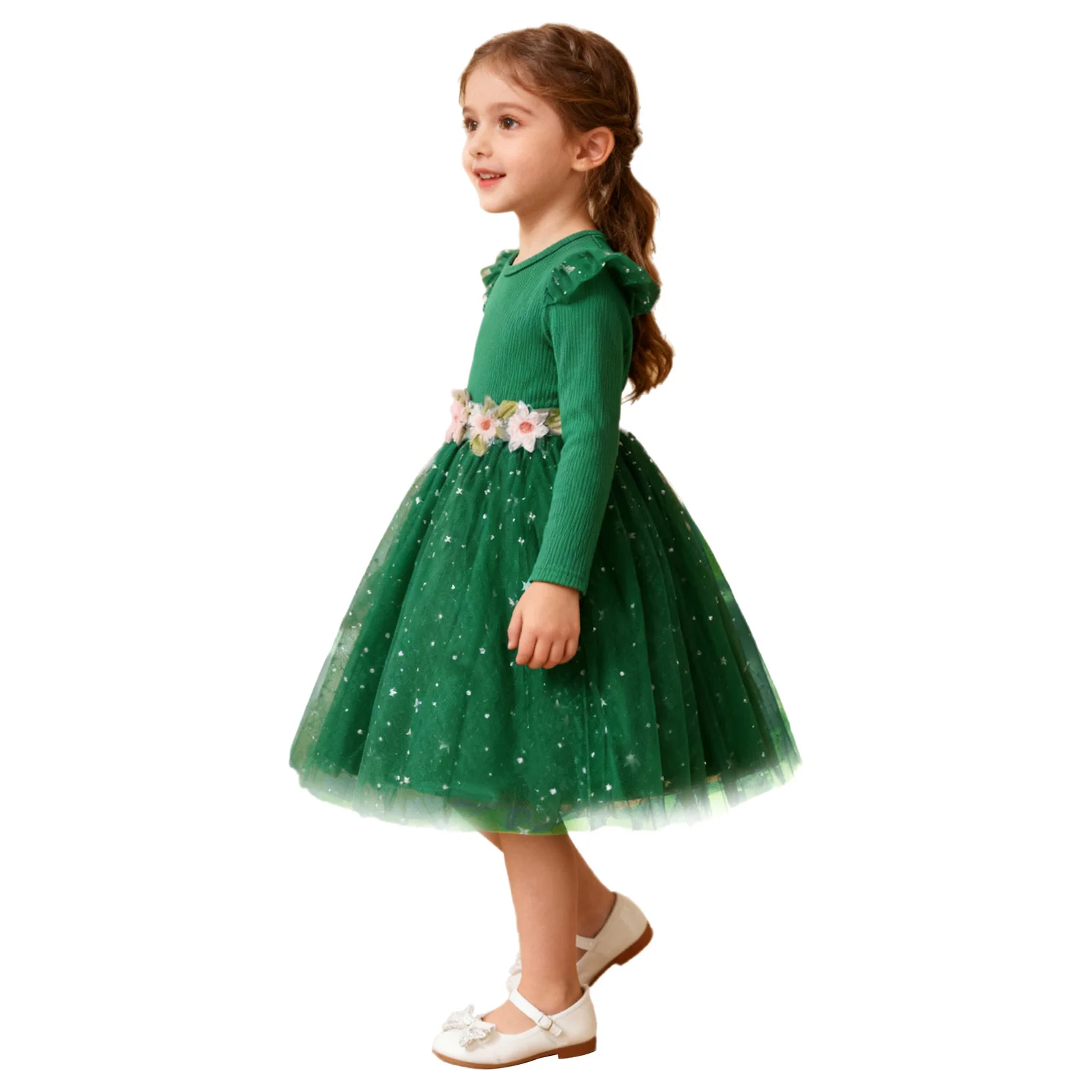 Vestido de tul floral con manga larga acanalada para niña - imagen 2