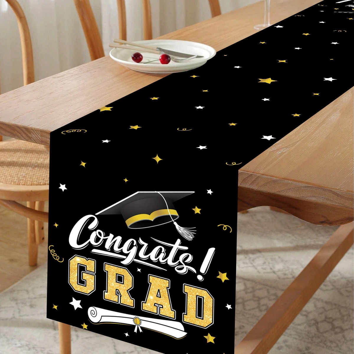 Camino de mesa para graduación – Negro y dorado