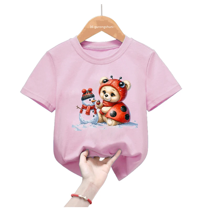 Camiseta rosa manga corta niña con mariquita y flores animales - imagen 3