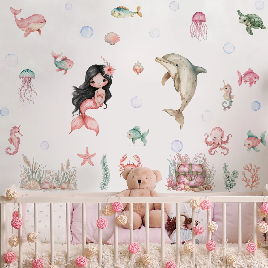 Pegatina de pared marinas con sirena y delfín para habitación infantil - imagen 3