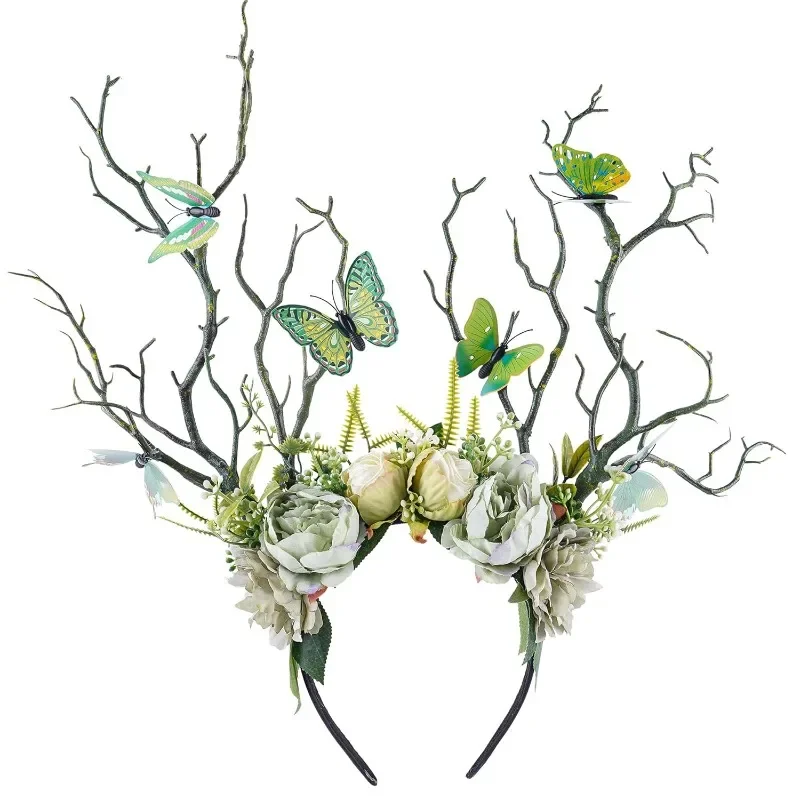 Diadema floral verde con mariposa para niña