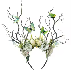 Diadema floral verde con mariposa para niña