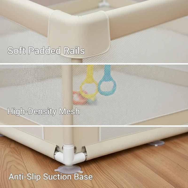 Parque de juegos para bebé beige con malla transpirable - imagen 4