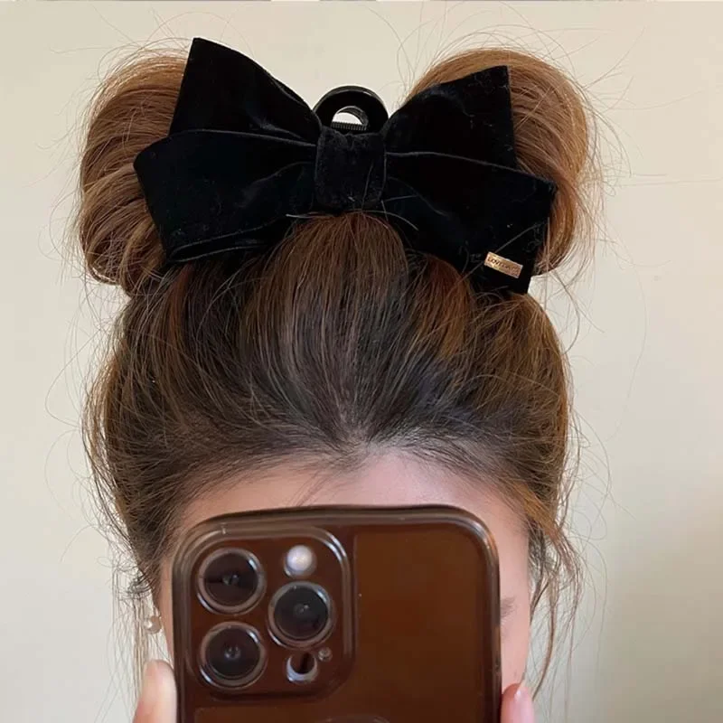 Clips de pelo con lazo de terciopelo para niñas – Negro y rojo - imagen 5
