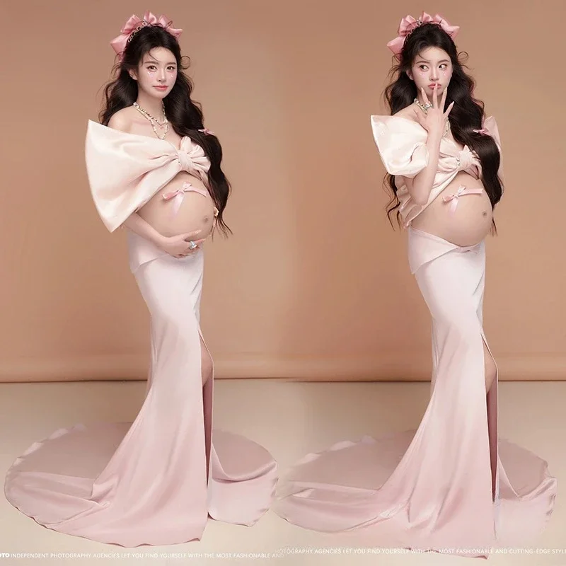 Vestido de maternidad elegante con lazo y falda larga estilo princesa