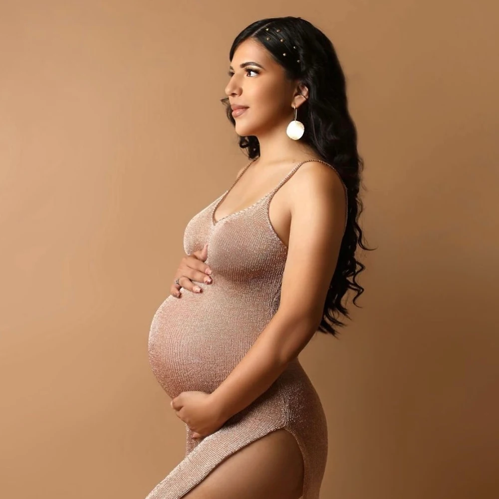Vestido de maternidad para fotos con cuello V champán tejido malla - imagen 3