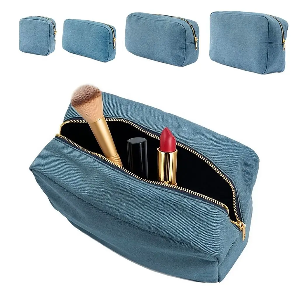 Bolsa maquillaje mezclilla azul con cierre para viaje - imagen 3
