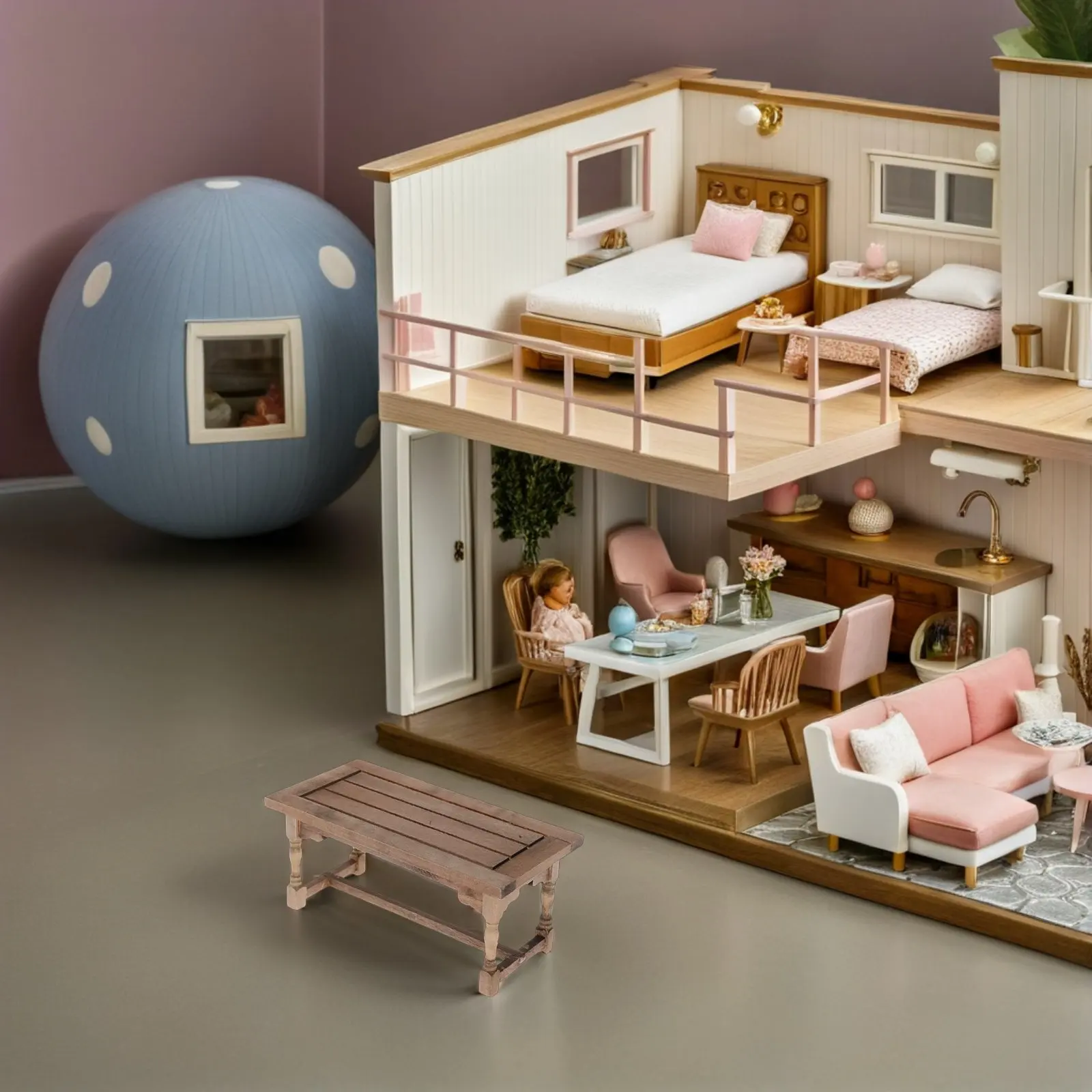 Mesa de comedor de madera para casa de muñecas, bordes lisos - imagen 4