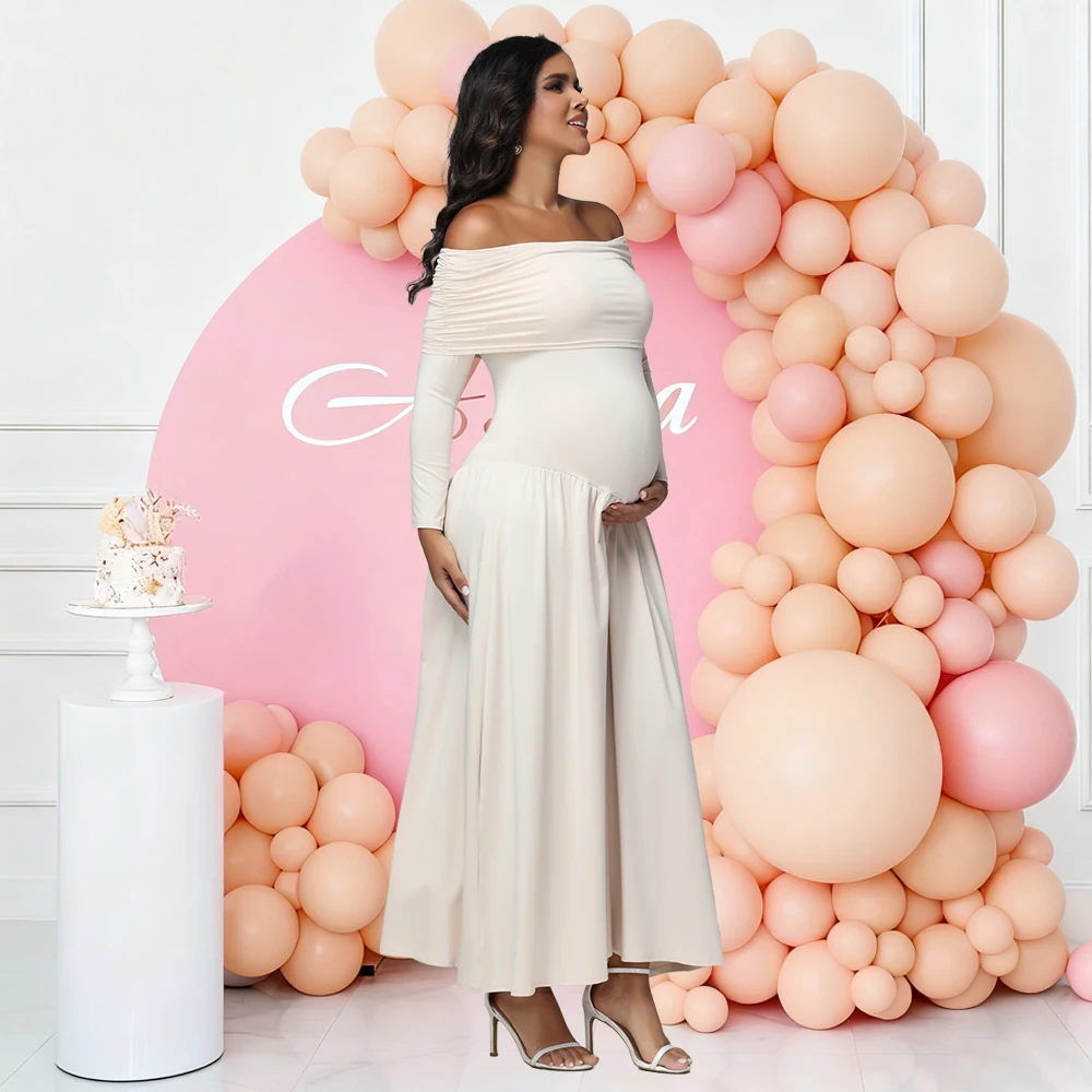 Vestido de maternidad plisado liso manga larga para fiesta bienvenida - imagen 4
