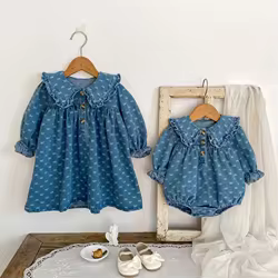 Vestido de mezclilla vintage con lazo y mono a juego para bebé niña