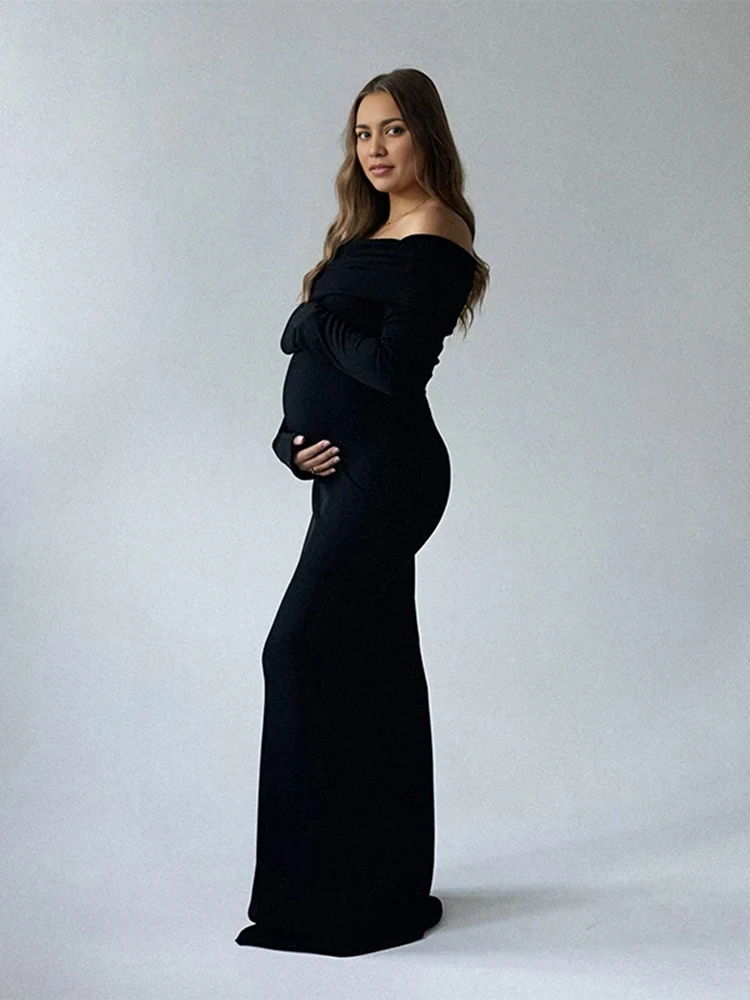 Vestido premamá largo para baby shower con hombros descubiertos
