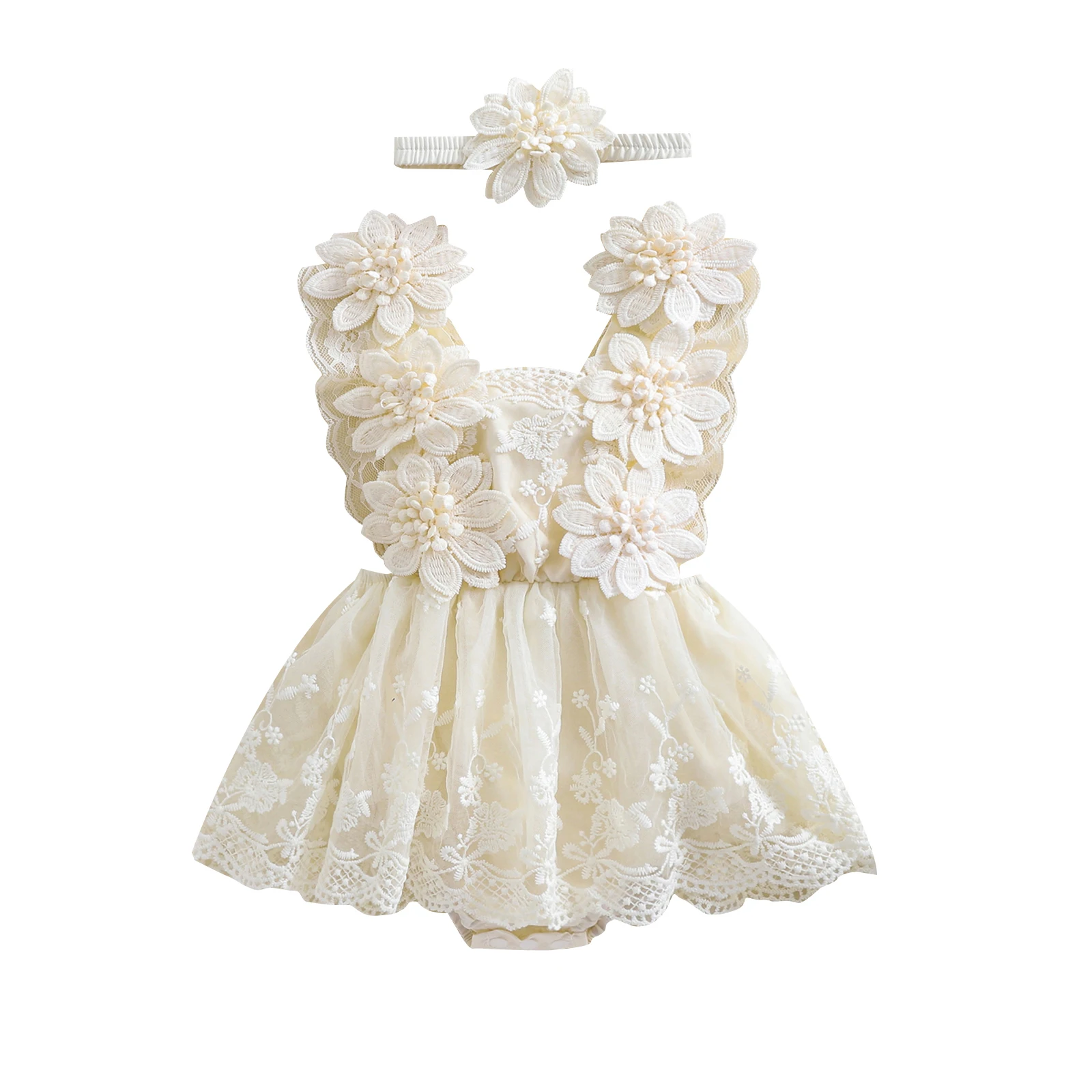 Conjunto bebé niña de verano con vestido malla floral y lazo