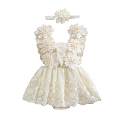 Conjunto bebé niña de verano con vestido malla floral y lazo