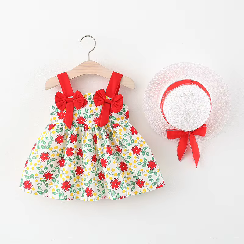Vestido de princesa infantil con lazo y sombrero para niña verano