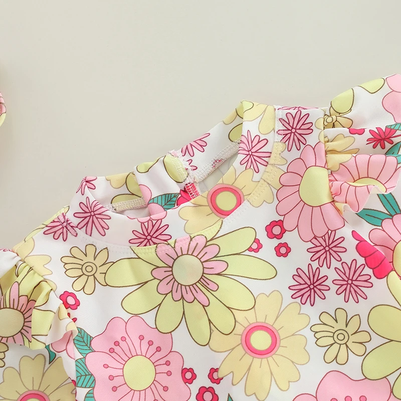 Tregren traje de baño infantil floral con manga larga y sombrero - imagen 4