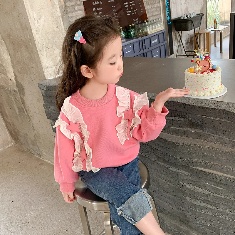 Sudadera de primavera para niña con cuello redondo y encaje fino - imagen 5