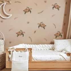 Pegatinas de pared infantiles con tortuga y flores para habitación