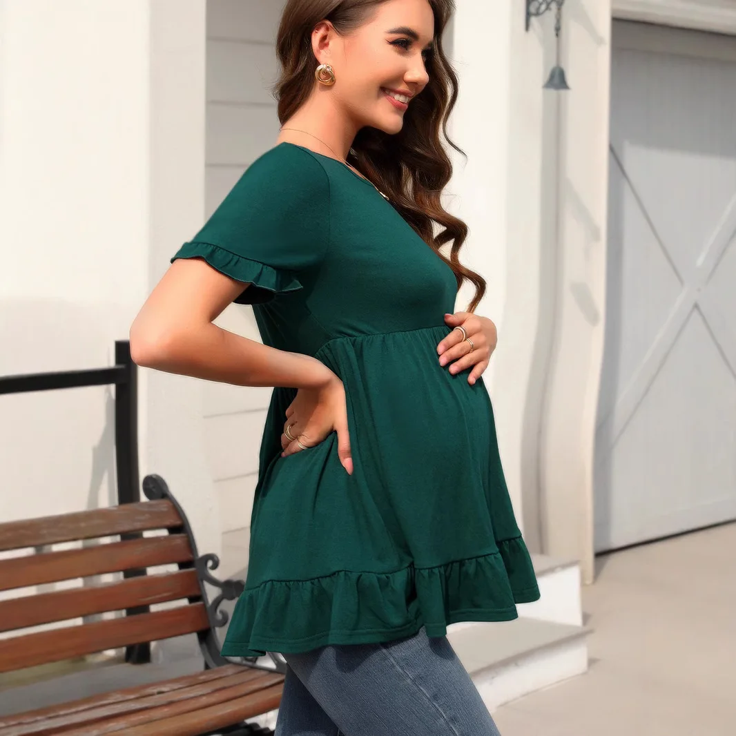 Camiseta premamá de volantes veraniega con manga corta plisada