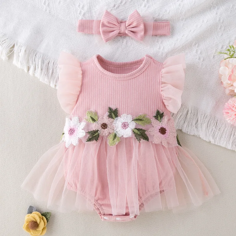 Pelele de encaje floral para bebé niña con tocado de verano - imagen 4