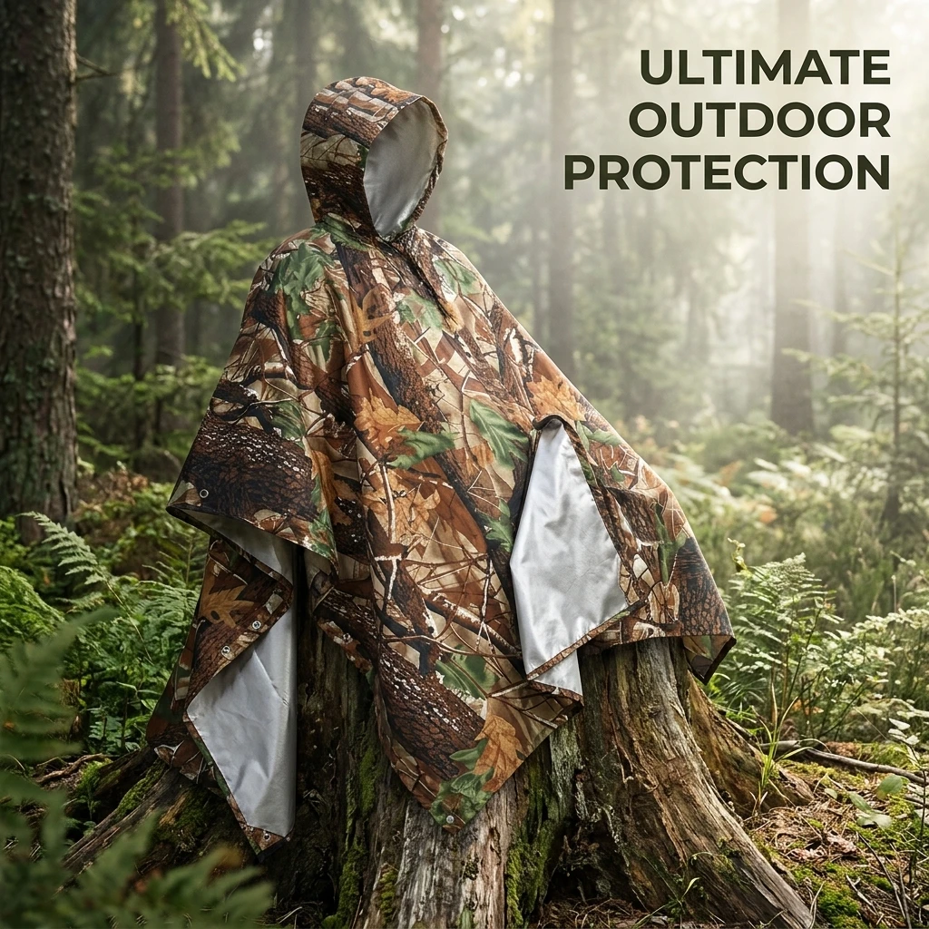 Poncho impermeable con capucha camuflaje para camping y trekking unisex - imagen 2