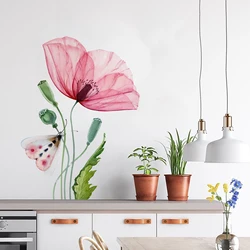 Vinilo decorativo pared acuarela con mariposas y hojas verdes