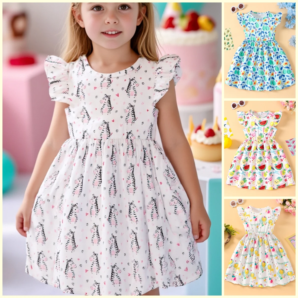 Vestido de cebra para niñas de verano con arcoíris
