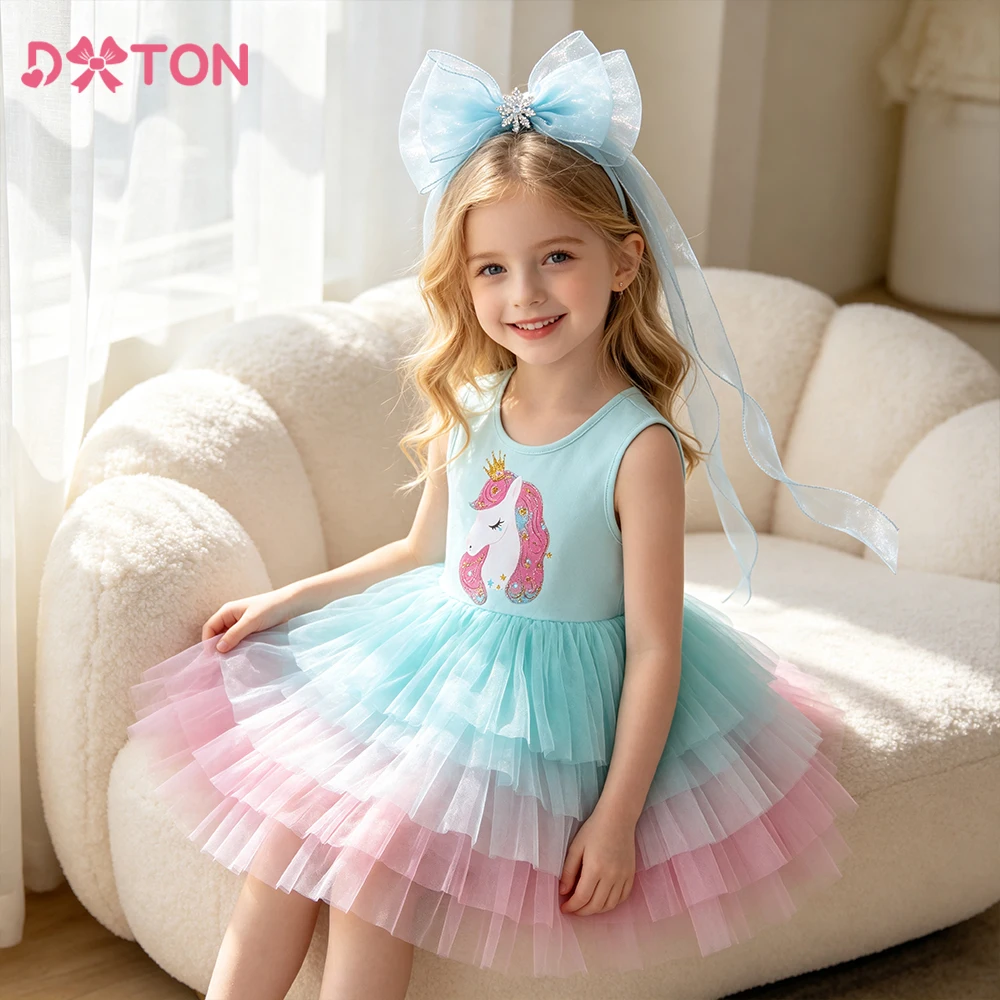 DXTON Vestido de princesa de algodón sin mangas con capa de malla - imagen 5