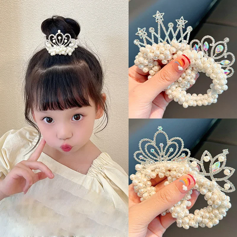 Corona de princesa con perlas y lazos elásticos para niñas - imagen 4