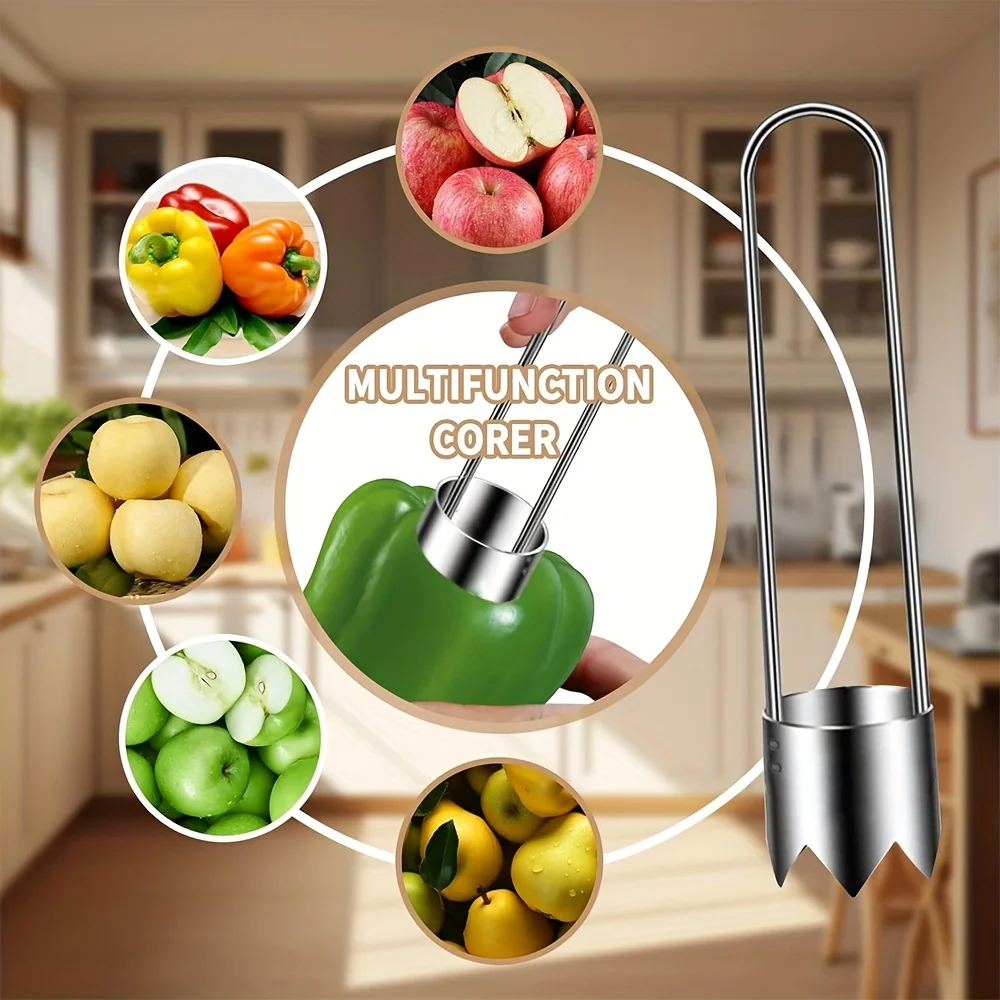 Corer junto a una manzana y un pimiento para referencia de tamaño