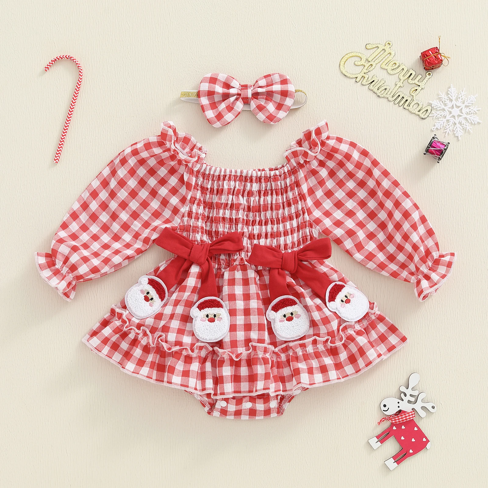 Tregren Pelele de niña para Navidad con diadema y volante cuadros - imagen 3