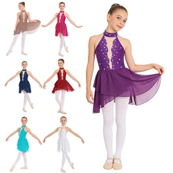 Maillot de ballet para niñas con pedrería brillante sin mangas