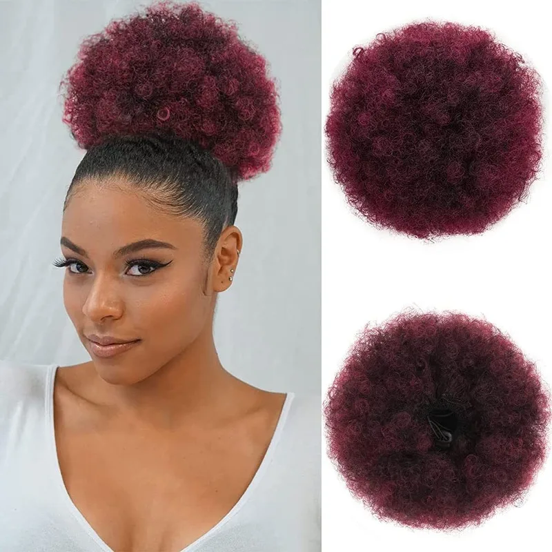 Extensión de pelo afro tipo moño puff con cordón ajustable