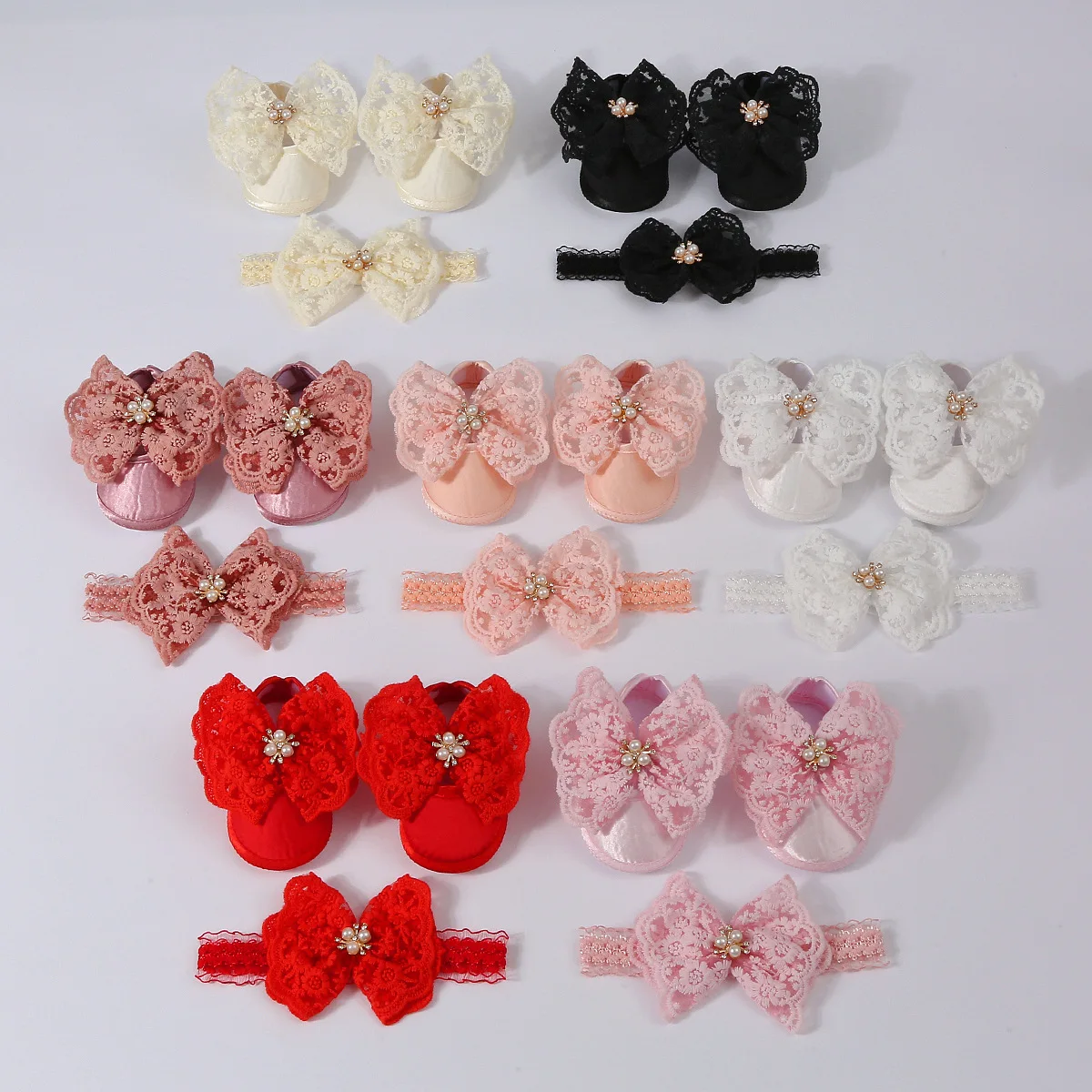 Zapatos de encaje bebé con lazo y perlas Accesorio para niña