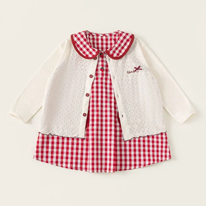 Conjunto niña cárdigan de punto a cuadros con dibujos y vestido - imagen 2