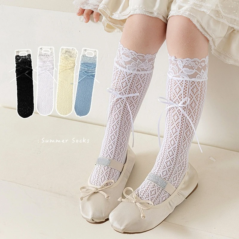 Calcetines altos jacquard retro con lazo de encaje transpirable - imagen 5